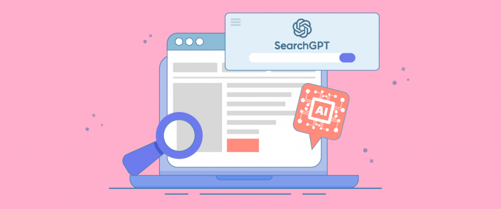 Um laptop com uma lupa e ícone de IA na tela. A tela exibe uma interface do SearchGPT.