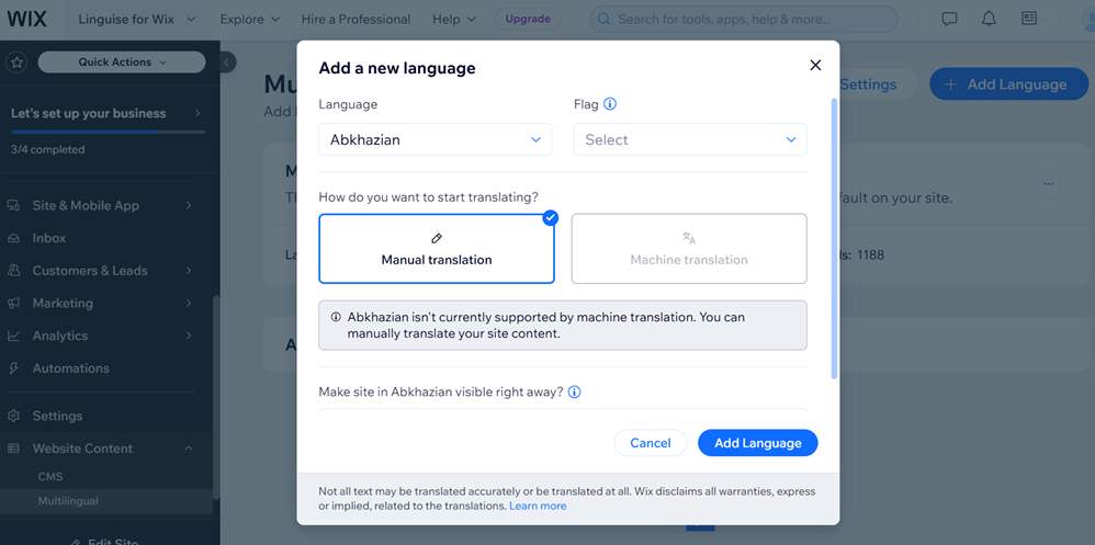 Modal window for adding new language to website