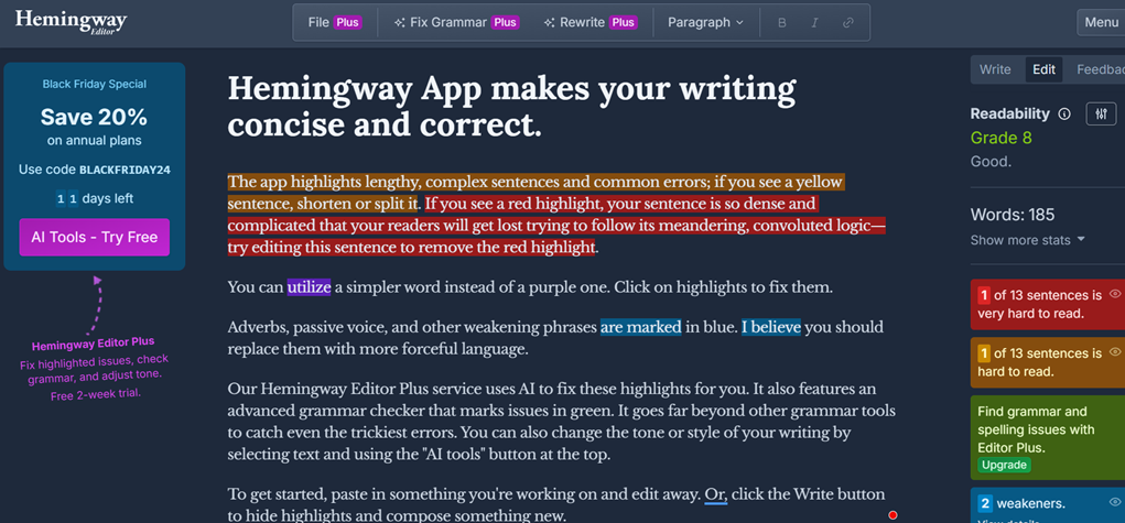 Hemingway App screenshot showing writing analysis features. The app highlights complex sentences and common errors.
