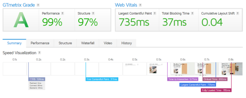 A report showing website performance metrics and speed visualization data.