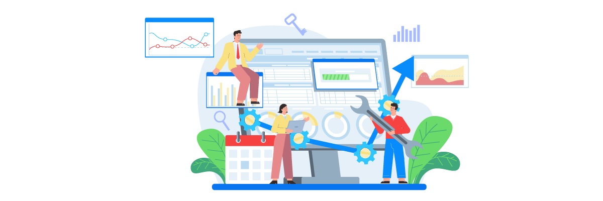 Illustration of people working together on a website. Team collaboration concept.