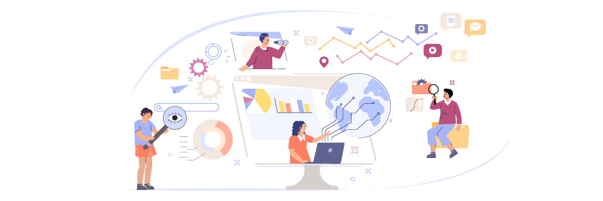 A team of people working together on a digital marketing project, surrounded by various icons and graphs.