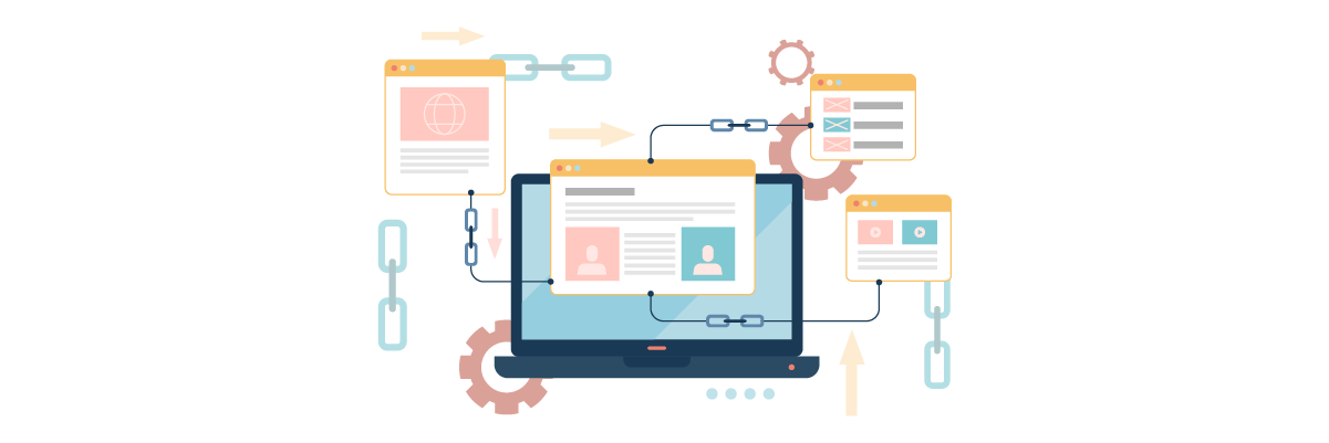 A laptop surrounded by web development and design elements. Various icons and symbols related to web development.