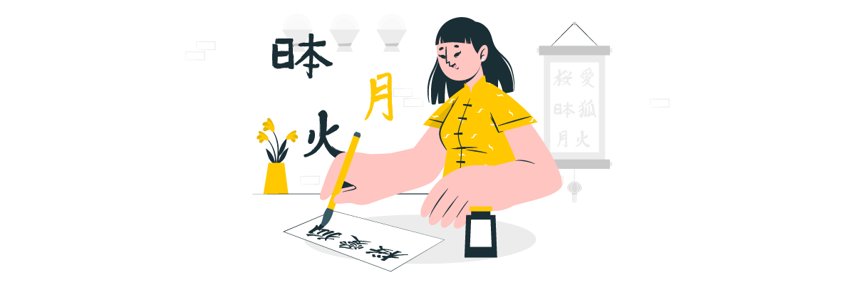 A woman in a yellow shirt writing with a brush. She is surrounded by traditional Chinese art supplies.