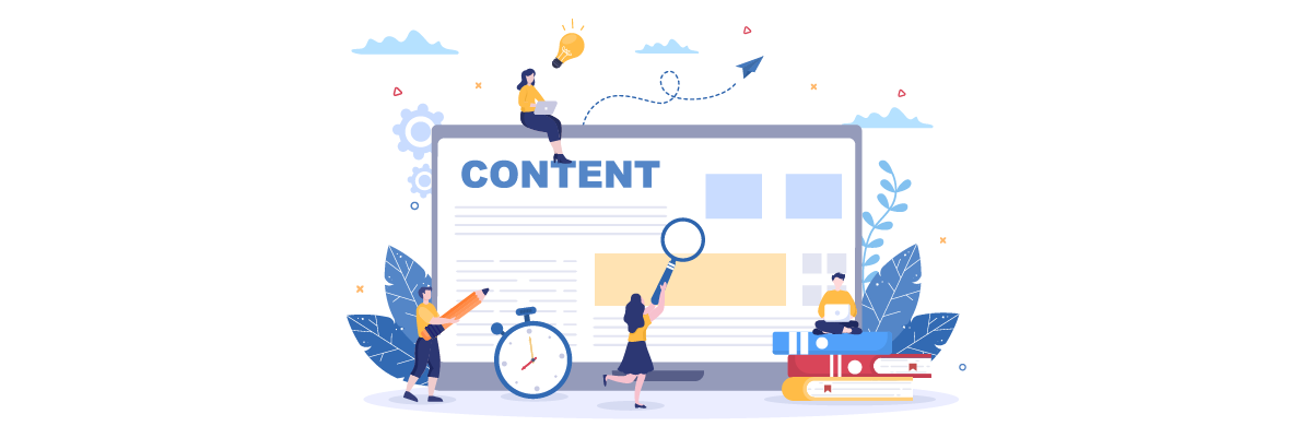 A graphic depicting people working on content creation.