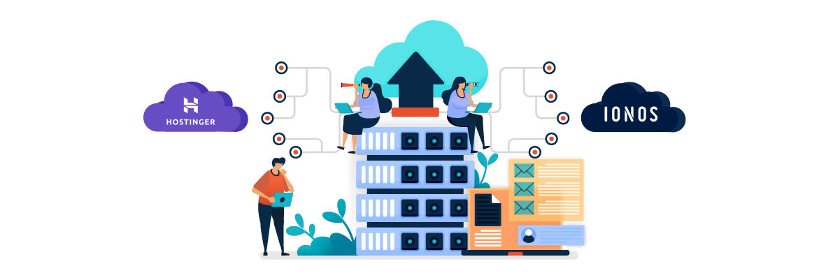 An illustration showing cloud services, data storage, and network connections.