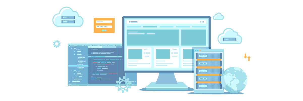 An illustration of a computer monitor, server, and database with cloud icons.