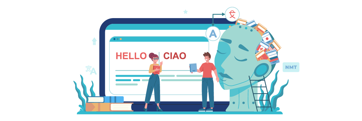 A large screen with Hello Ciao greeting. Two people standing in front.