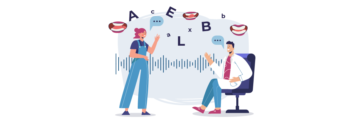 A speech therapist assisting a patient in a session. The therapist is using a device to help the patient improve their communication skills.