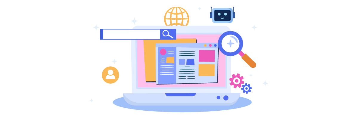 A laptop with a website on the screen, surrounded by design and development icons.