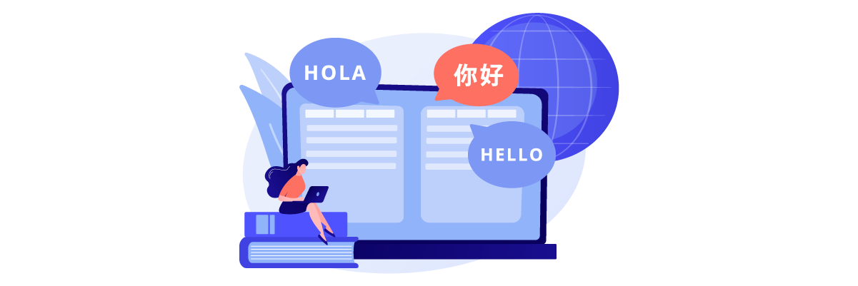A person sitting in front of a laptop with greetings in different languages. The screen displays hello in English, hola in Spanish, and a Chinese phrase.