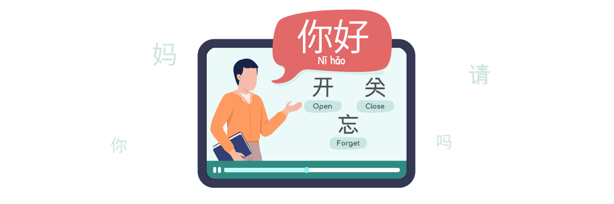 A cartoon man on a screen with a speech bubble. The man is pointing to Chinese text.