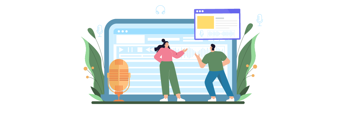 Illustration of two people and a large computer screen.