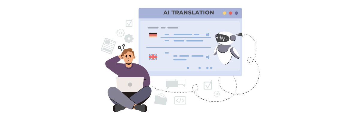 A man using laptop with AI translation interface. Robot translating languages.