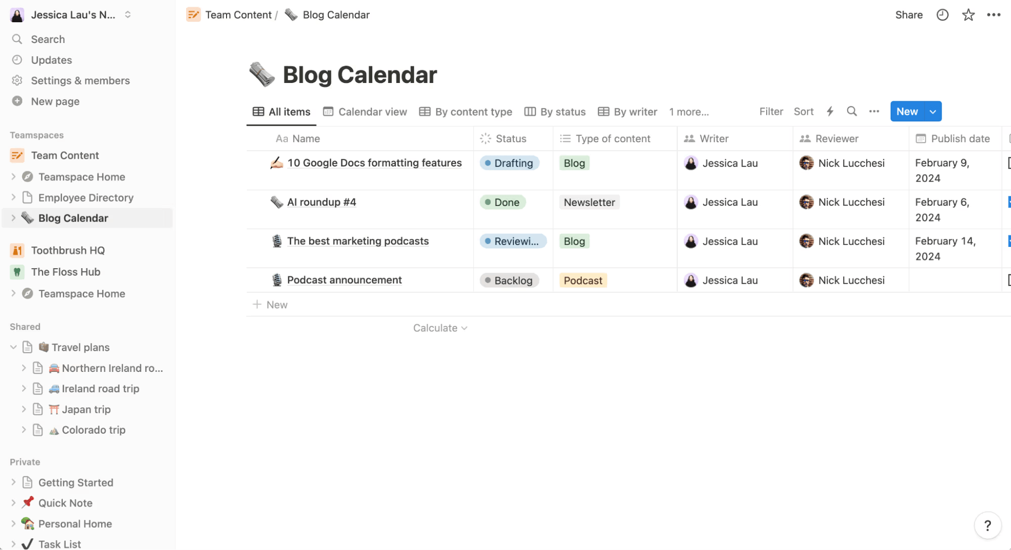 A screenshot of a blog calendar interface, showing a list of posts.
