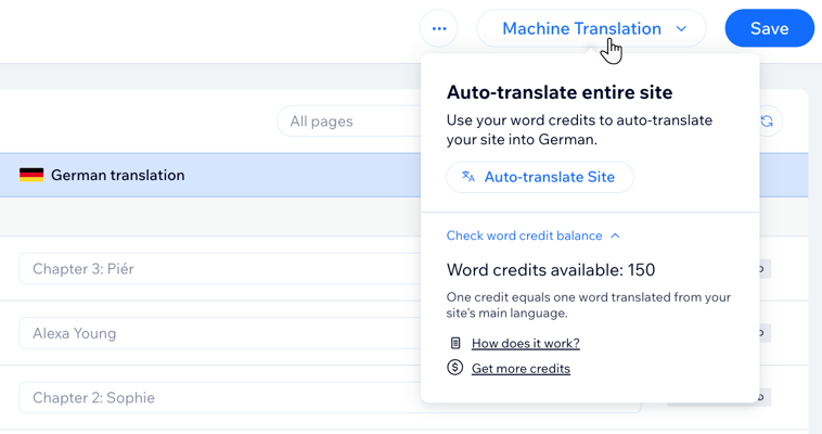 Translation interface with German language option