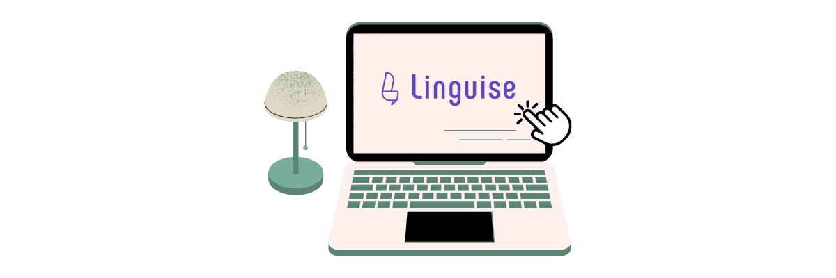 Linguise logo on laptop screen. Translation software.