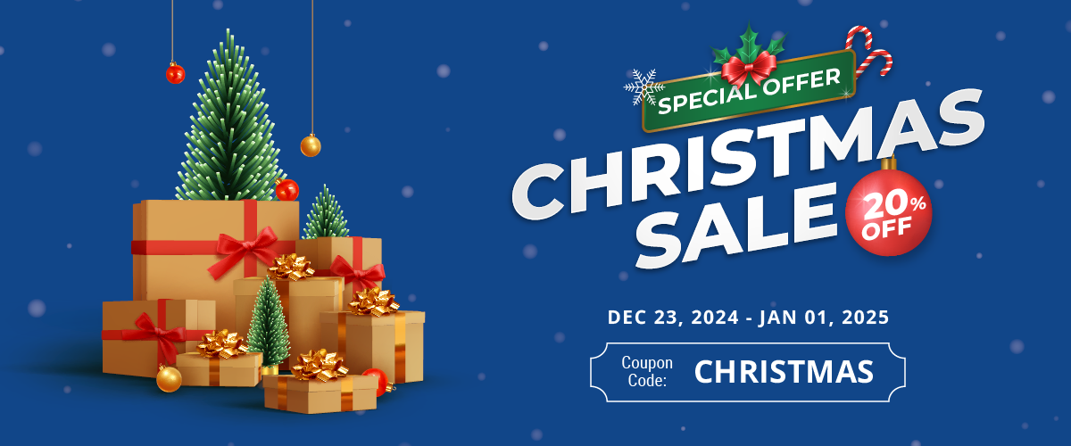 Weihnachtsbanner mit Geschenken und Weihnachtsbaum. Sonderangebot: 20 % Rabatt.