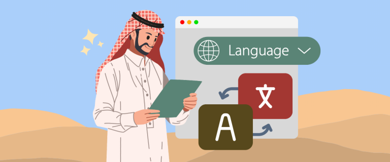 Man in traditional Saudi Arabian clothing translating languages. Language translation service.