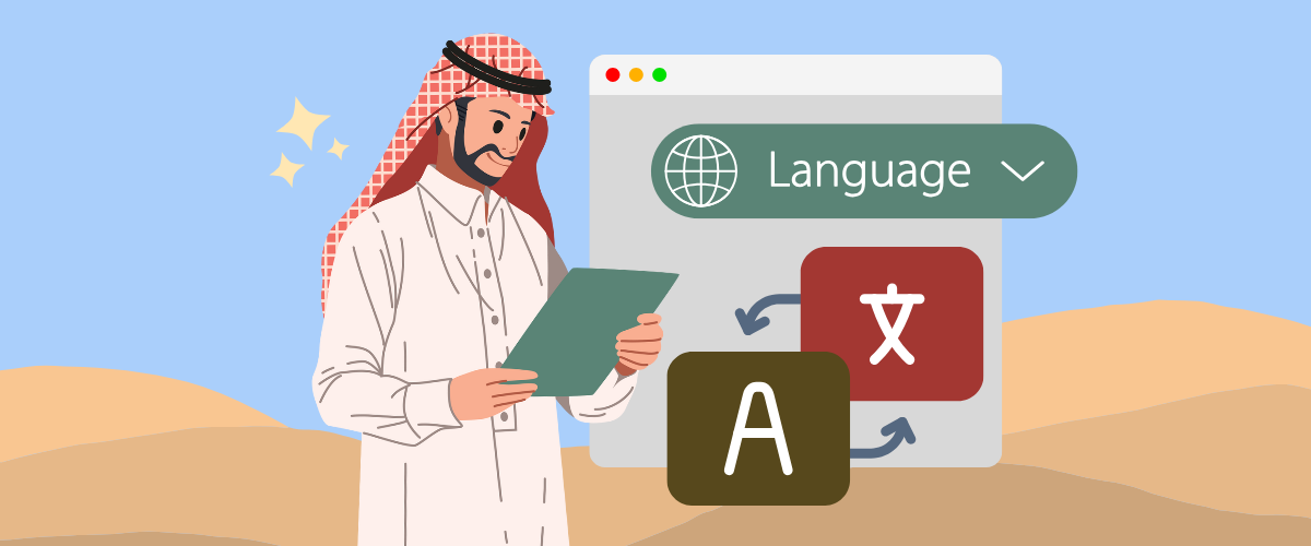 Man in traditional Saudi Arabian clothing translating languages. Language translation service.