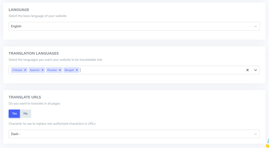 Screenshot of translation settings interface. Language and translation options are visible.