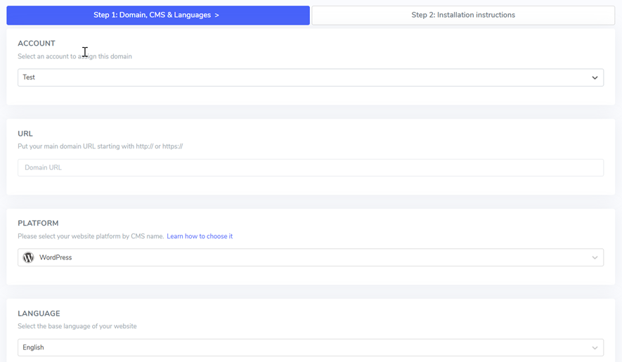 Webpage screenshot showing SDK language selection