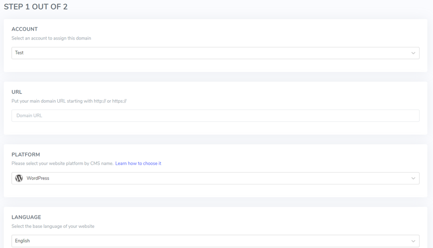 Step 1 of 2 platform selection form