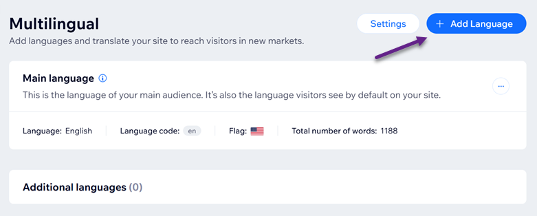 Multilingual settings page with main language English