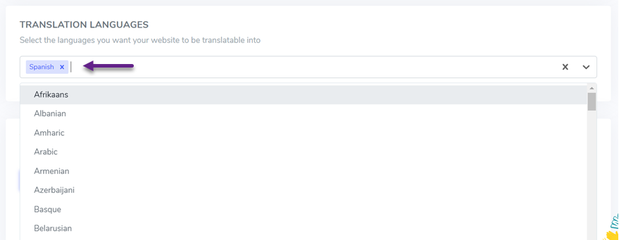 Dropdown menu for selecting translation languages