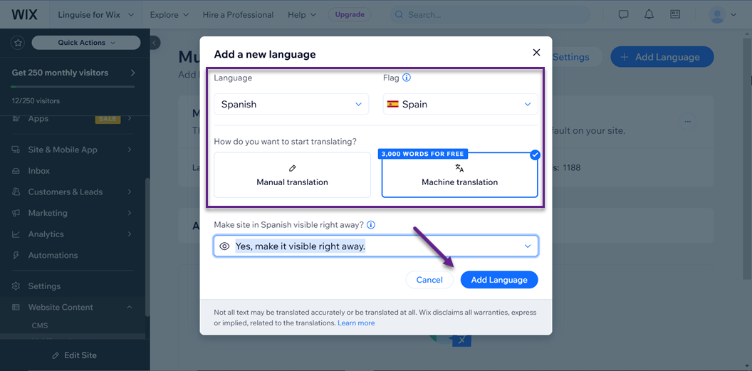 WIX add new language option. Spanish language added.