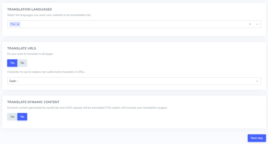 Translation settings for languages and dynamic content