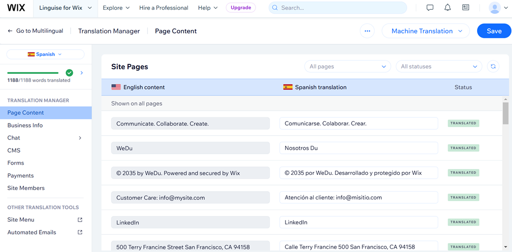 Wix site pages management dashboard screenshot. A table with site pages information.