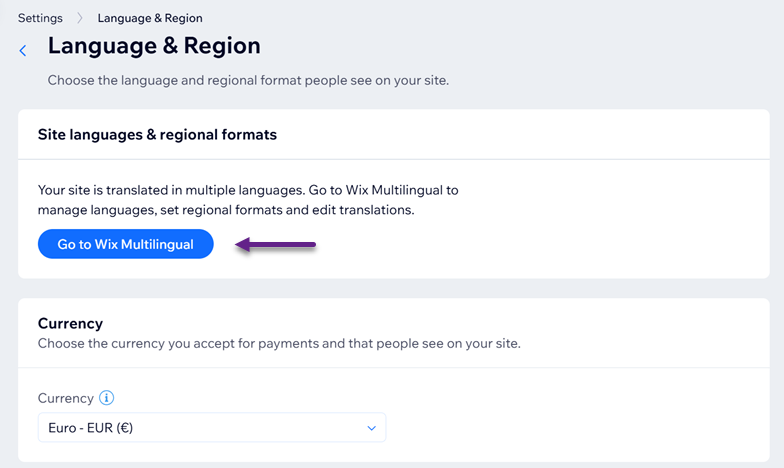 A screenshot of the language and region settings page.