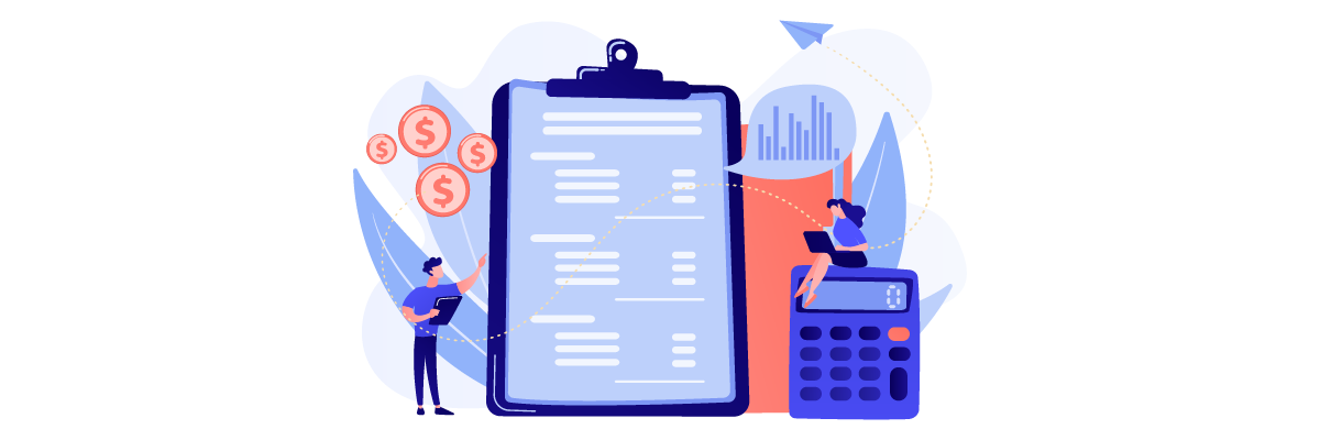 A person standing next to a clipboard with a document, a calculator and a bar graph. Business planning and finance.