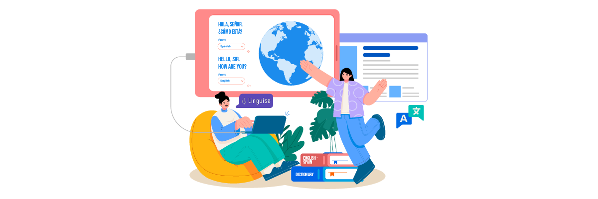 Illustration of people working with computers and a large screen displaying a world map and data.