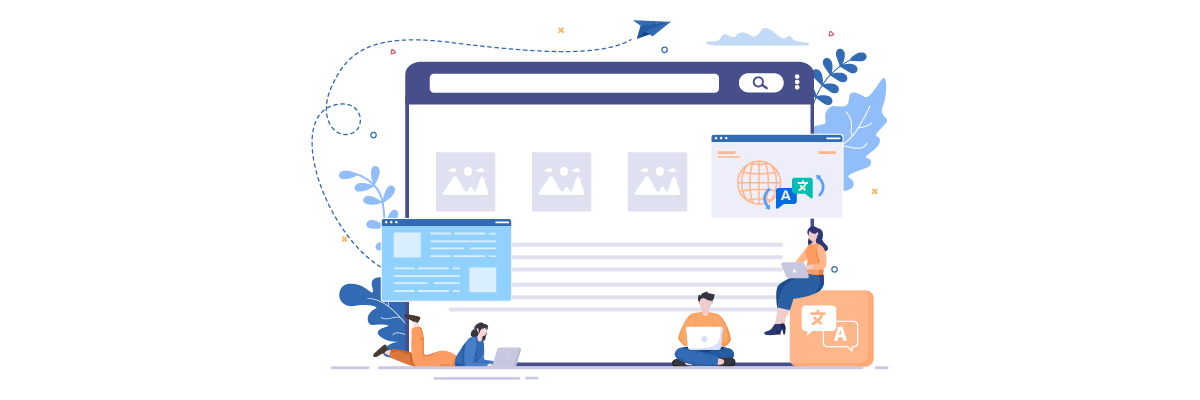 Illustration of people working around a large browser window. They appear to be engaged in various tasks.