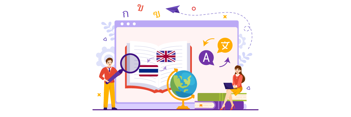 People working with a globe and flags for translation.