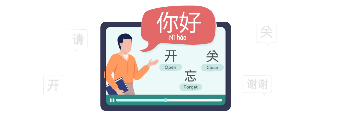 A cartoon man in an orange shirt on a tablet screen with Chinese characters.