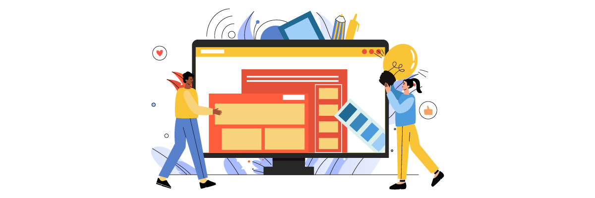Two people working on a large computer screen displaying a website.