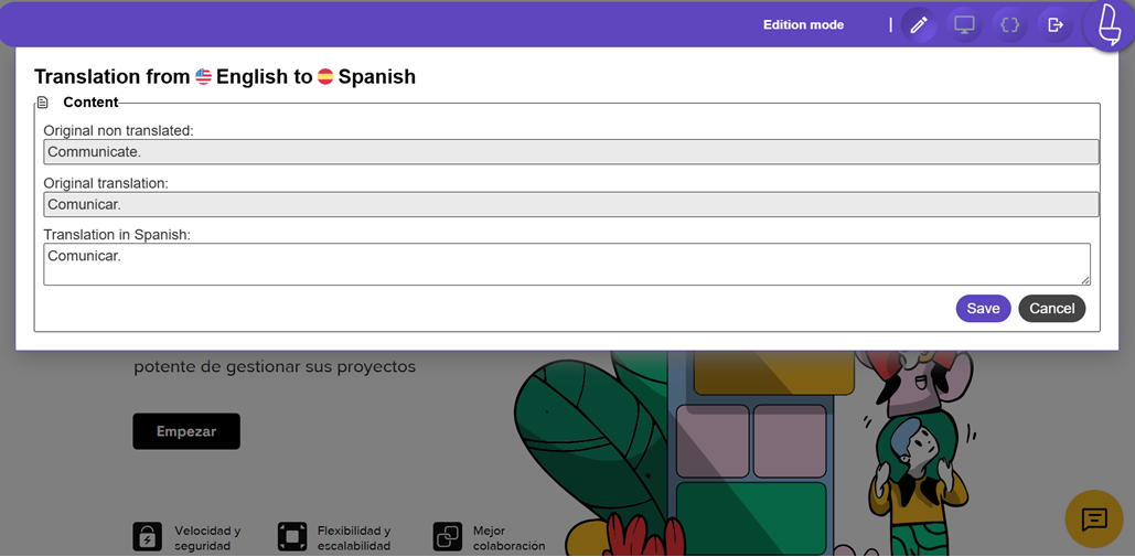 Screenshot of a translation interface from English to Spanish. The page includes a text input for translations.