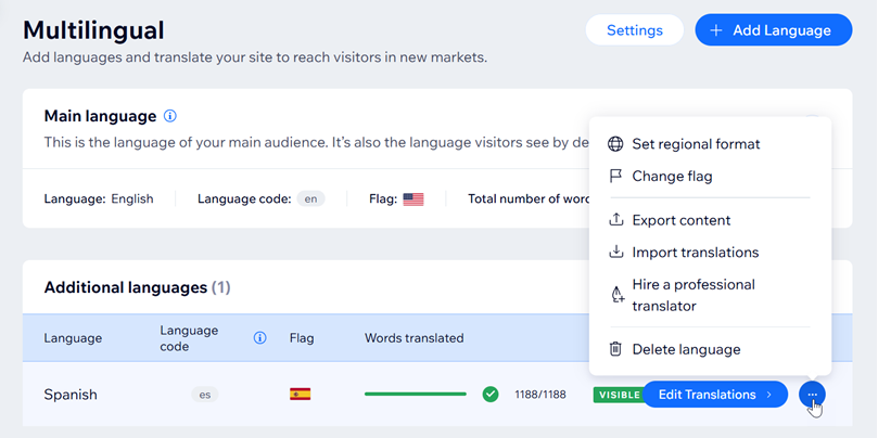 Multilingual settings with English and Spanish options