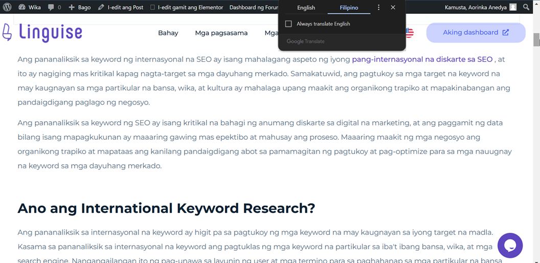 International Keyword Research Tool, Lingwise platform
