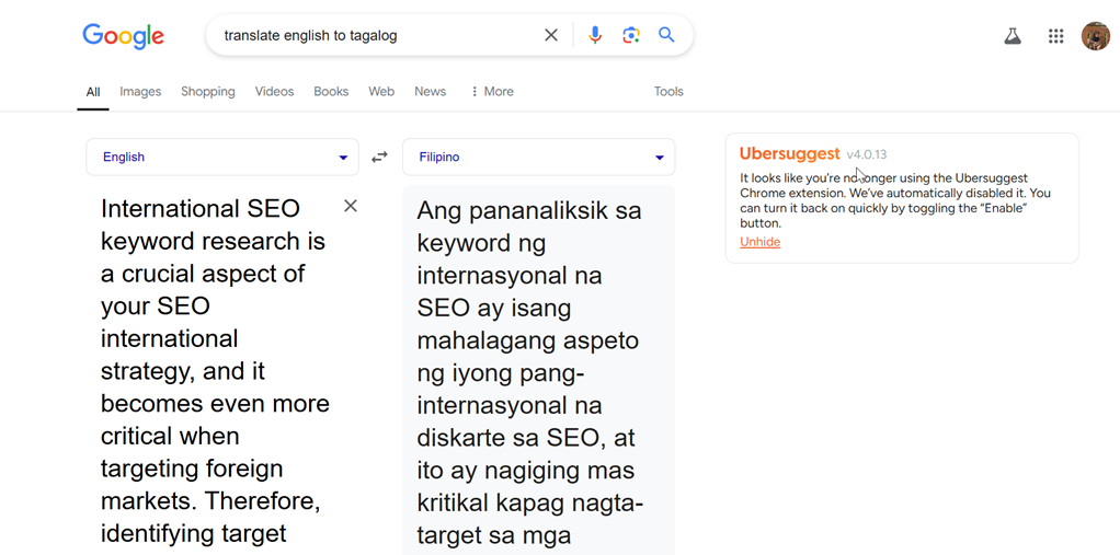 A screenshot of a Google search result page. The page shows search results for keyword research.