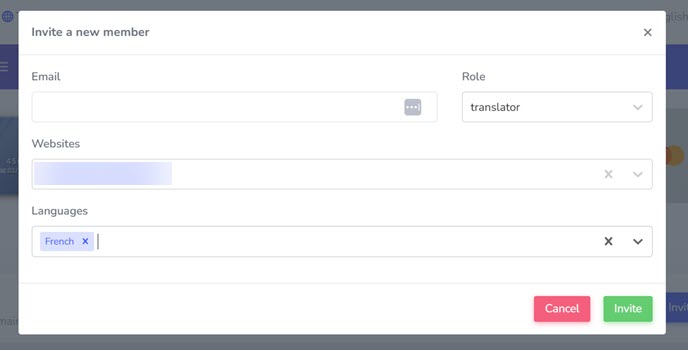 Invite a new member form with fields for email, website and languages.